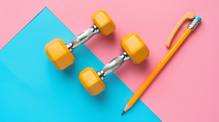 Yellow graphite pencil and dumbbells on pink and blue background
