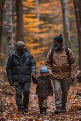 Fototapeta premium A man, boy and grandfather are walking in a forest. Family recreation concept