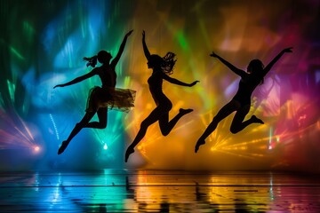 Dynamic Performance of Jumping Dancers Silhouetted by Stage Lighting