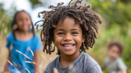 A group of small children in blurred background and one cute little boy smiling and running in front of the camera