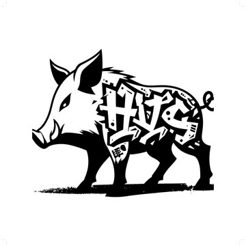 hog; boar silhouette, animal graffiti tag, hip hop, street art typography illustration.