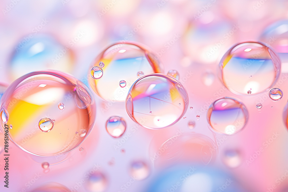 Poster pink holographic bubbles floating on the soft colorful abstract background in beautiful vivid tones.