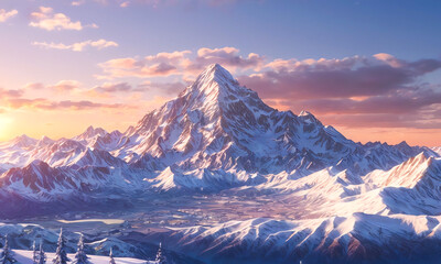 Enchanting winter season with snow capped mountains, ice mountains and peaceful forests 