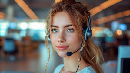 Young woman in headset looking at camera. Customer service agent. Hotline or call center worker.