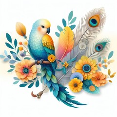 illsutration of Watercolor style illustration for parot with peacock feather and yellow flowers. paper art - obrazy, fototapety, plakaty
