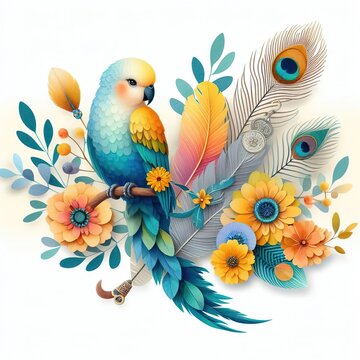 illsutration of Watercolor style illustration for parot with peacock feather and yellow flowers. paper art