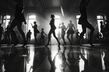 Silhouette Ballroom Dance Reflection on Glossy Floor