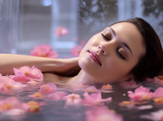 Body care and spa procedure. Beautiful woman enjoys taking a bath with pink flower petals.