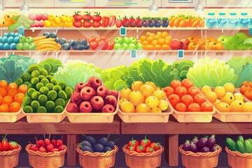 Fototapeta na wymiar fresh fruits and vegetables display at greengrocer stall in supermarket healthy food retail illustration