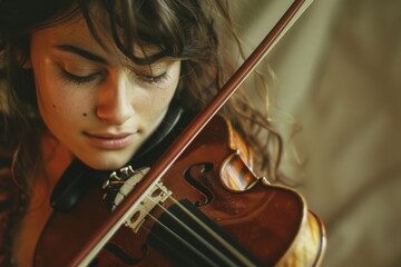 A young girl gracefully plays the violin, lost in the music she creates with each delicate touch of the strings.