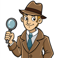 Sleuth Detective with Magnifying Glass. Mystery Solving Detective Character with Loupe