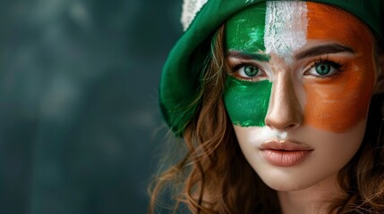 beautiful woman with face painted with the flag of Ireland. Olympic games concept, world sporting event in high resolution and high quality HD