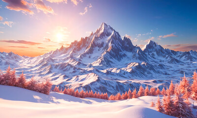 Enchanting winter season with snow capped mountains, ice mountains and peaceful forests 
