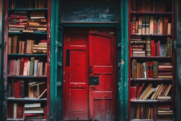 A bookshelf overflowing with books stands next to a vibrant red door, inviting you to explore a...