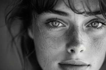 A mesmerizing portrait of a woman with distinctive freckled hair, captured in black and white.