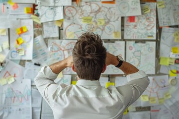 A man stands in front of a wall covered in colorful post it notes, displaying creativity and organization in a project management setting.