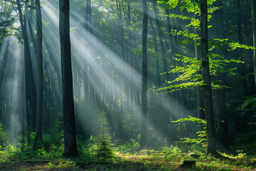 Tranquil forest. Sunlight filtering through the trees