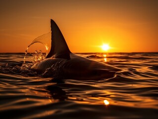 The silhouette of a shark fin cutting through the water at sunset, a stark and powerful image of iconic predator.