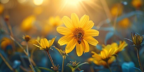 Obraz premium Beautiful daisy flower in warm sunset light in summer meadow. Be is sitting on yellow flowers.