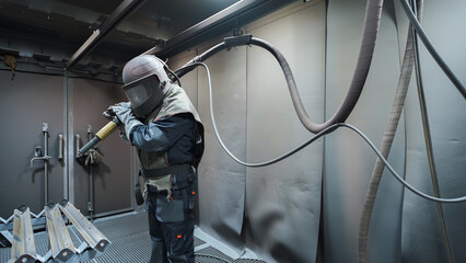 shot blasting man in production, The sandblaster is sending to steel material. Abrasive blasting,...