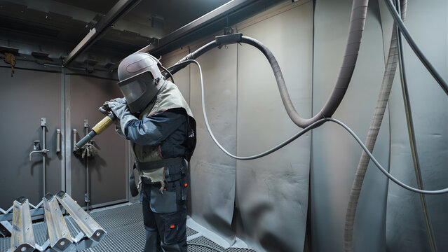 shot blasting man in production, The sandblaster is sending to steel material. Abrasive blasting, more commonly known as sandblasting