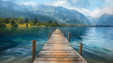 A dock juts out into a lake with mountains in the distance.

 - obrazy, fototapety, plakaty