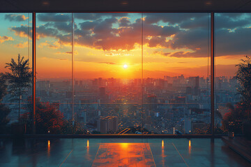 Sunset view from the window of a high-rise building. - obrazy, fototapety, plakaty