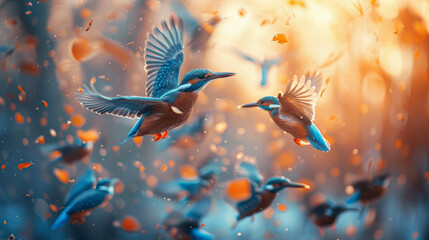 A group of birds flying in the sky with one of them having a fish in its beak - obrazy, fototapety, plakaty