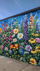 A colorful mural of a flower garden on a building. The flowers are in full bloom and the colors are vibrant. The mural is a beautiful and lively representation of nature
