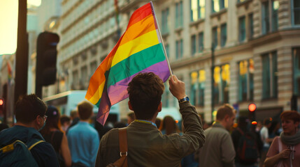 Gay Pride Parade Participant with Rainbow Flag in London
