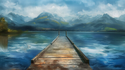 A dock juts out into a lake with mountains in the distance.

 - obrazy, fototapety, plakaty