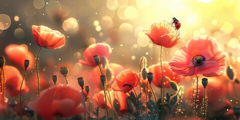 red ladybird on red poppies flowers warm sunset light in summer meadow