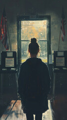 A woman stands in front of two voting booths. She is wearing a backpack and has her hair in a bun. The scene is set in a room with a window and a flag hanging on the wall
