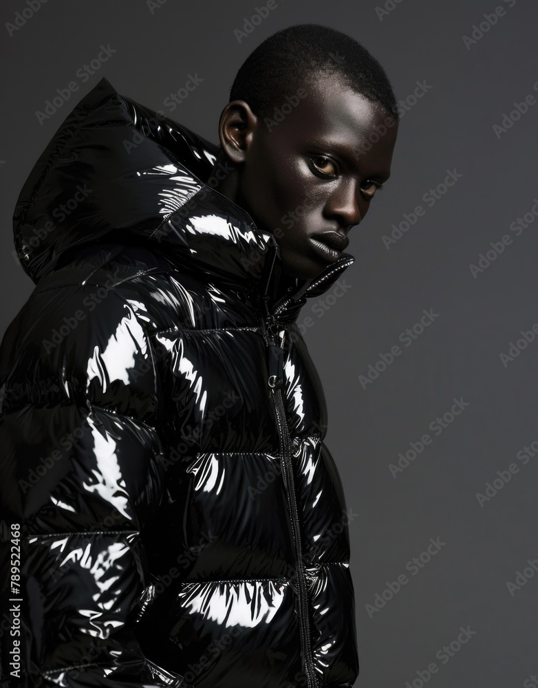 Wall mural stylish man in glossy black puffer jacket against dark background