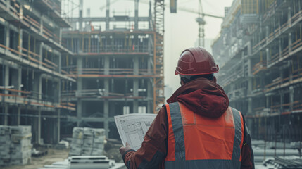 Fototapeta premium A construction worker wearing a red hard hat and orange vest is looking at a blueprint. The scene is set in a large, empty construction site with a lot of unfinished buildings