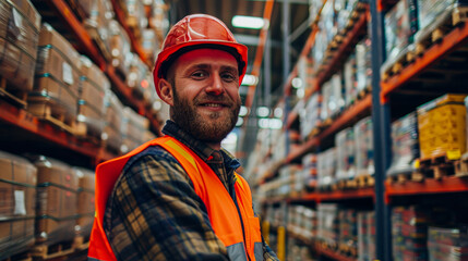 A man in a safety vest stands in a warehouse with a smile on his face. He is wearing a hard hat and he is happy - Powered by Adobe