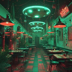 Local pizza joint, ancient Greek UFO theme, dreamy swirling Mint Green lights, harmony in worlds colliding, cozy interior shot, 