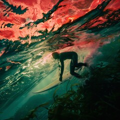 Miracle animal save by housewife surfer, Red Sky at sea, kelp forest depth, firstperson perspective, professional color grading,