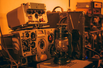 Surveillance equipment in the communist radio control room during the times of Cold War - obrazy, fototapety, plakaty