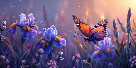 A monarch butterfly is shown in a field of purple irises.