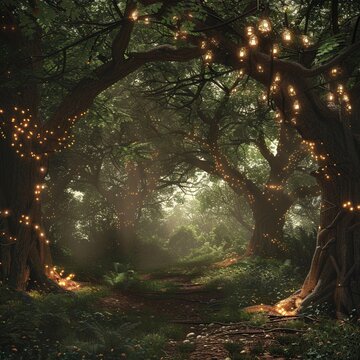 An enchanted forest with trees that whisper wisdom to those who dare to listen at night,