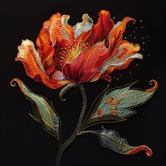 Embroidery of the QuantumQuartz and PhoenixFeather tells a tale of the TimeTangledTulip, a secret of the GalacticGlimmer and NebulaNectar,  - obrazy, fototapety, plakaty