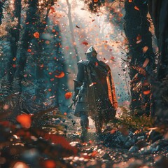 Expelled knight enters a new era, boho attire, amidst forest debris, Hyalotype scene, warm light, low angle,  - obrazy, fototapety, plakaty