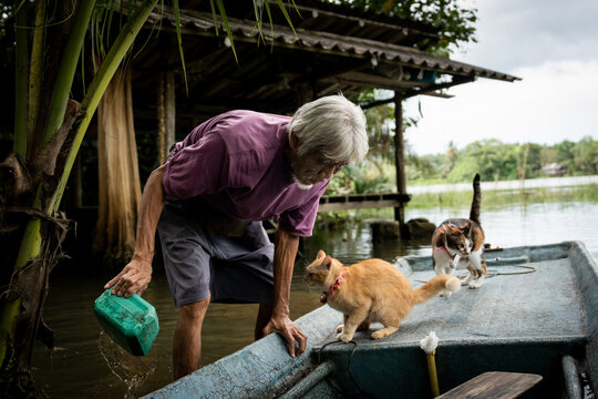 A fisherman dumps water out of his boat with some cats on board