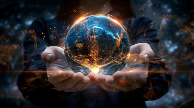 Magic crystal ball in the hands witch fortune teller, the theme of mysticism, occult and paranormal