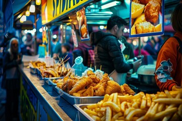 Bustling Street Food Stall Selling Fish and Chips