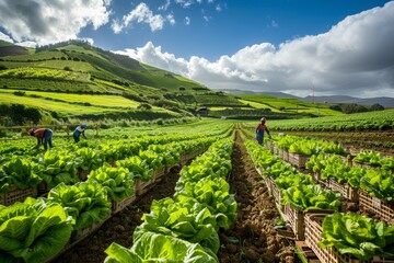 Fototapeta na wymiar Farm Workers Harvesting Lettuce in Sunny Field