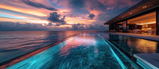 Sunset serenity at oceanfront infinity pool. Modern villa with a stunning sea view at dusk