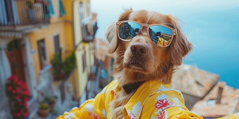 Funny dog in nice design clothes is taking selfie in San Marino background