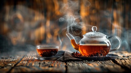 Hot tea in glass teapot and cup with steam on wood background. Copy space image. Place for adding text or design - obrazy, fototapety, plakaty